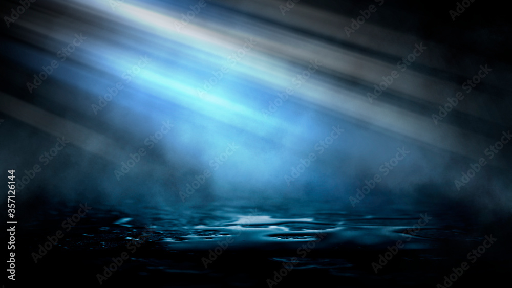 Fototapeta Dark dramatic abstract scene background. Neon glow reflected on the pavement. Smoke, smog and fog. Dark street, wet asphalt, reflections of rays in the water. Abstract dark blue background.