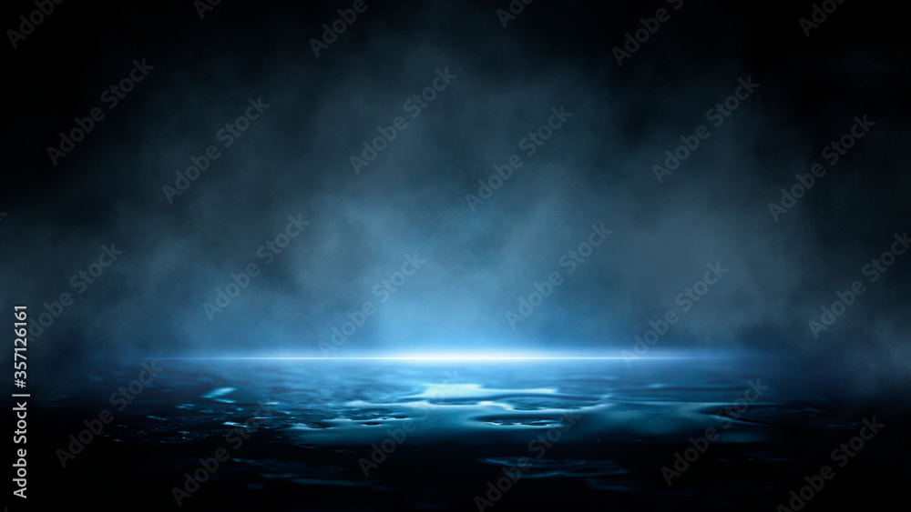 Dark dramatic abstract scene background. Neon glow reflected on the pavement. Smoke, smog and fog. Dark street, wet asphalt, reflections of rays in the water. Abstract dark blue background.  - obrazy, fototapety, plakaty 