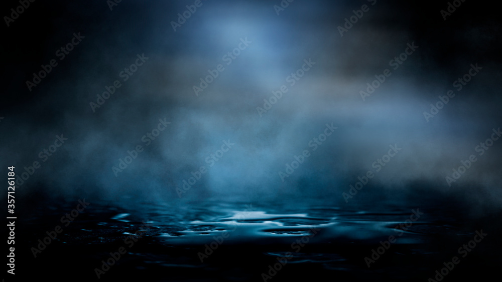 Fototapeta premium Dark dramatic abstract scene background. Neon glow reflected on the pavement. Smoke, smog and fog. Dark street, wet asphalt, reflections of rays in the water. Abstract dark blue background. 