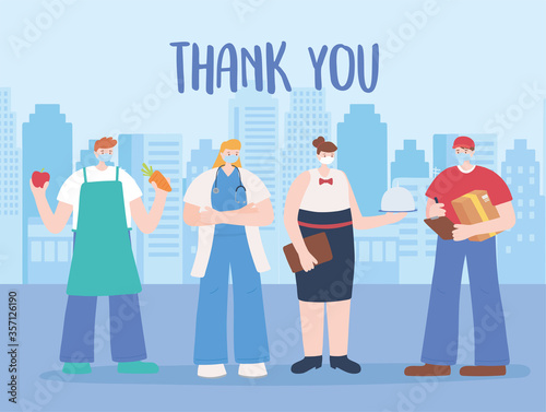 thank you essential workers, employess characters with face masks, various occupations, coronavirus covid 19 disease