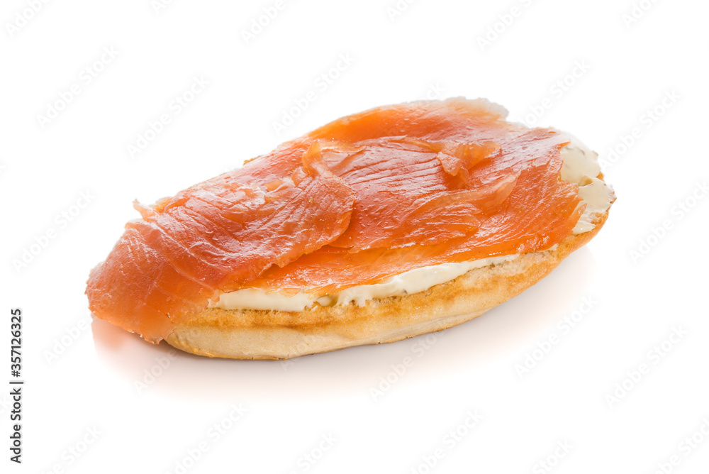Toast with salmon and bearnaise sauce isolated on white background. Toast with salmon and bearnaise sauce isolated on white background.