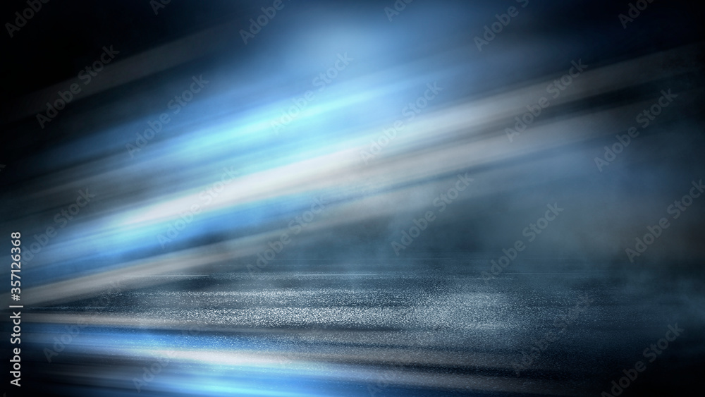 Dark dramatic abstract scene background. Neon glow reflected on the pavement. Smoke, smog and fog. Dark street, wet asphalt, reflections of rays in the water. Abstract dark blue background. Dark dramatic abstract scene background. Neon glow reflected on the pavement. Smoke, smog and fog. Dark street, wet asphalt, reflections of rays in the water. Abstract dark blue background.