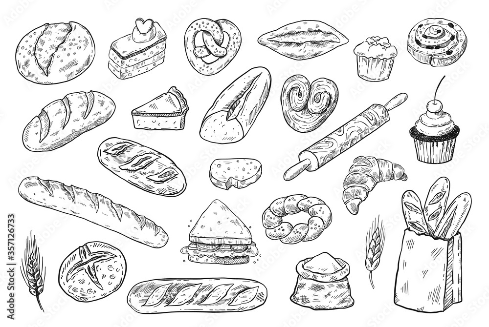 Bakery sketch set, hand drawn food illustration, doodle vector bread and pastry icons - obrazy, fototapety, plakaty 