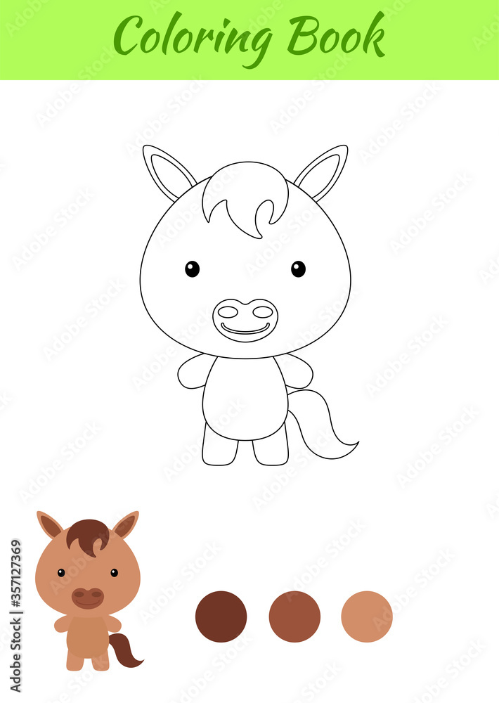 Fototapeta premium Coloring page happy little baby horse. Coloring book for kids. Educational activity for preschool years kids and toddlers with cute animal. Flat cartoon colorful vector illustration