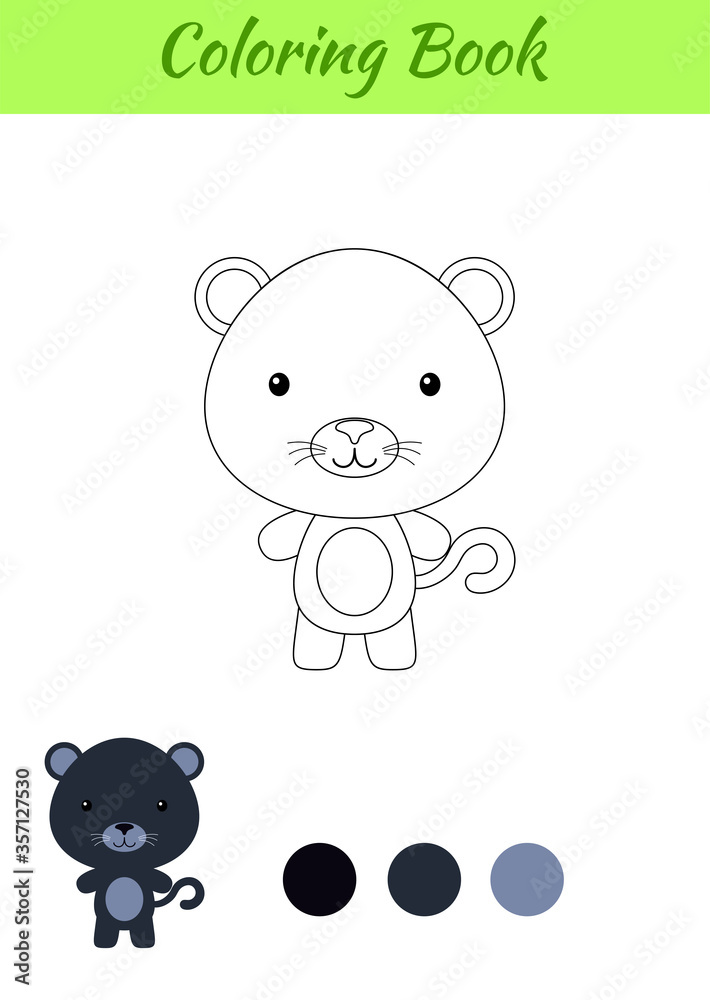 Coloring page happy little baby panther. Coloring book for kids. Educational activity for preschool years kids and toddlers with cute animal. Flat cartoon colorful vector illustration