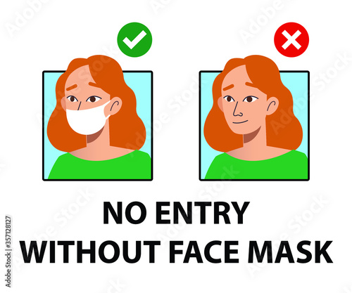 No entry without face mask signs.
No face mask no entry sign
Mask must be worn symbol.
Female character wear mask sign.