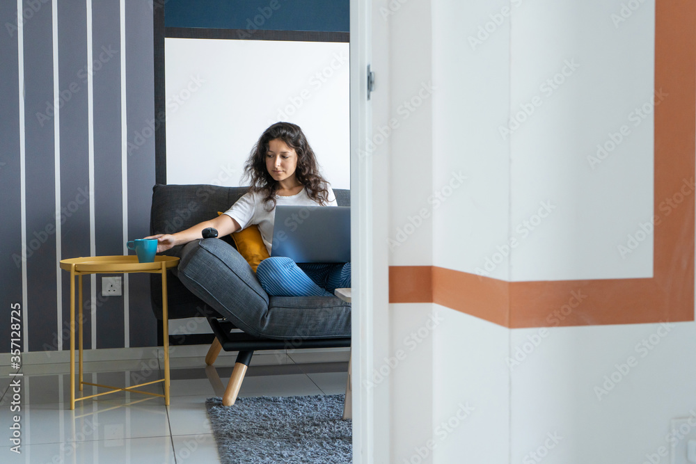 Beautiful girl sitting with a laptop on a sofa in a stylish room. Work from home. Work atmosphere in a good mood
