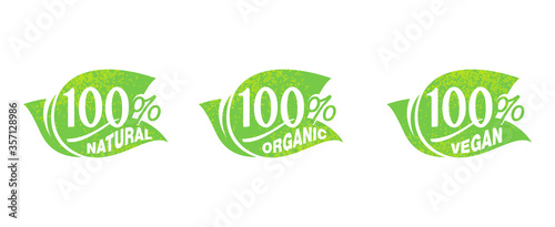 100 natural, 100 organic, 100 vegan grungy sticker - tag for healthy food, vegetarian nutrition in leaf shape - vector icons set