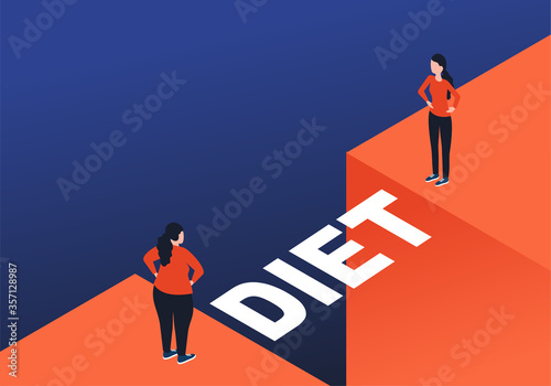Weight loss diet before and after concept - woman before and after program facing an abyss with bridge in measuring tape association - isometric illustration