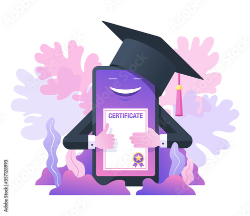 Online education web seminar courses concept  - webinar studying - graduation certificate (diploma) - smart phone with hands and square academic cap