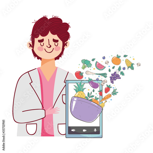 dietitian doctor fresh market smartphone offering vegetables and fruits, organic healthy food