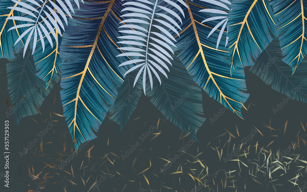 Large blue and green tropical leaves on a dark background Stock ...
