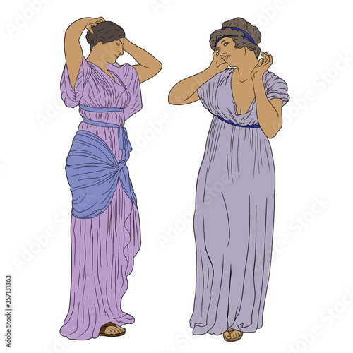 Two ancient Greek women in tunics stand and straighten their hairstyles. Two figures isolated on a white background.
