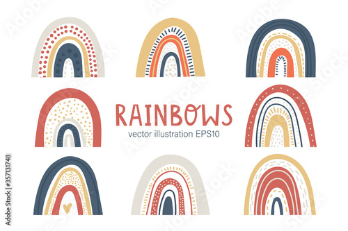 Scandi Rainbows set with colorful stripes. Boho Vector coolection of arcs. 