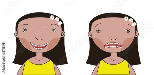 Girl with a broken front tooth and caries on one side and a happy girl with healed teeth on the other