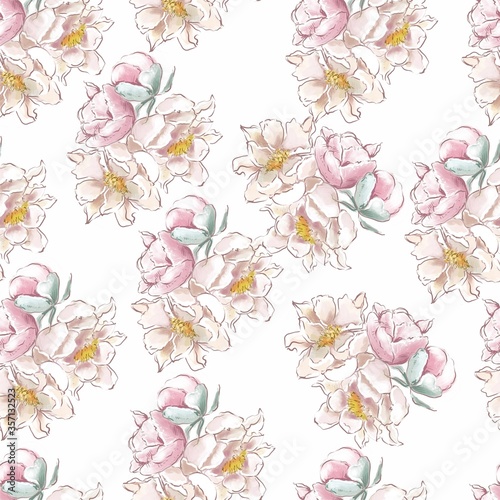 Fototapeta Naklejka Na Ścianę i Meble -  Flowers pattern seamless peonies on a white background. for fabrics and textiles