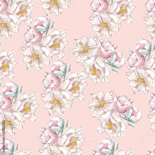 Flowers pattern seamless peonies on a pink background. for fabrics and textiles