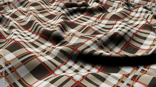 Scottish plaid Grey, white with red and white checkered classic tartan check seamless fabric. 3D Rendered.