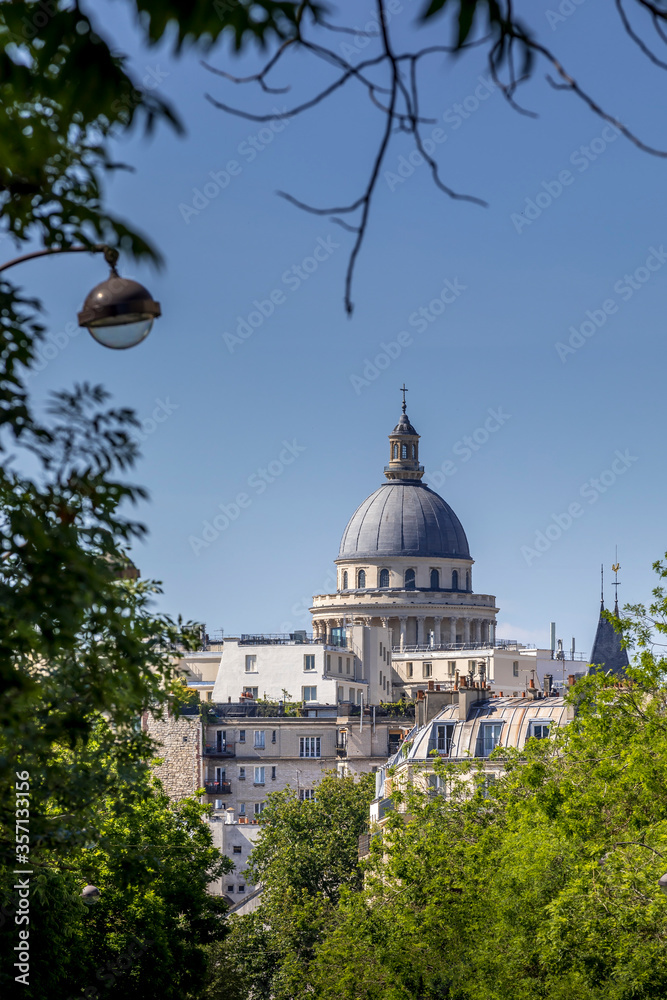Paris, France - May 26, 2020: View of Pantheon dome and Haussmann buildings from Gobelins avenue