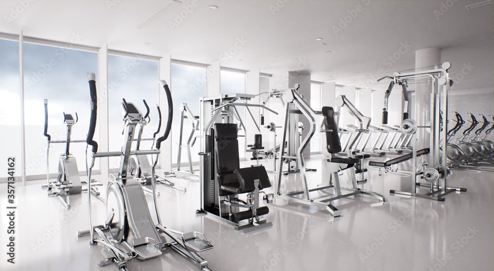 Obraz premium modern gym interior with exercise equipment elliptical trainers 3d render