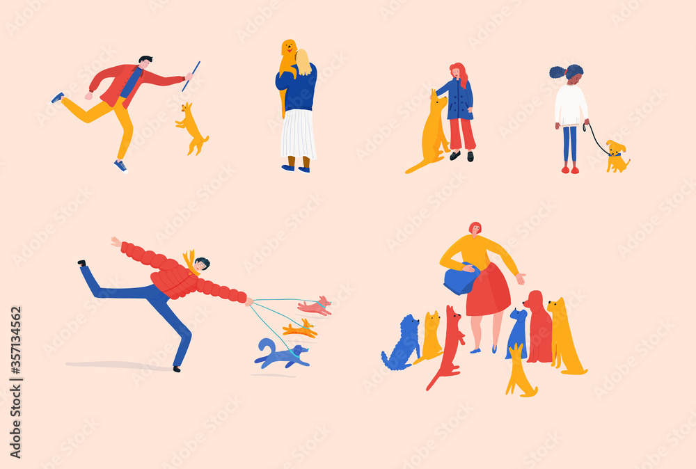 People with dogs, playing, feeding, walking and petting. People with dogs, playing, feeding, walking and petting.