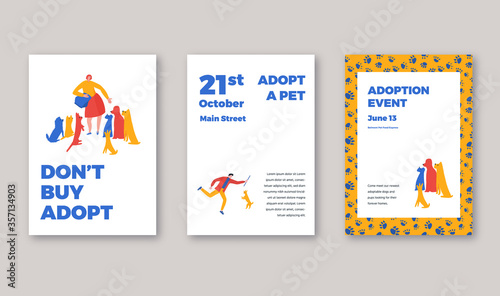 Animal shelter adoption event posters template. Vector iilustration with typography and characters, woman feeding dogs, man playing with dog.