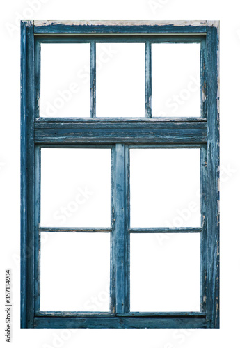 Blue weathered wooden window on white background