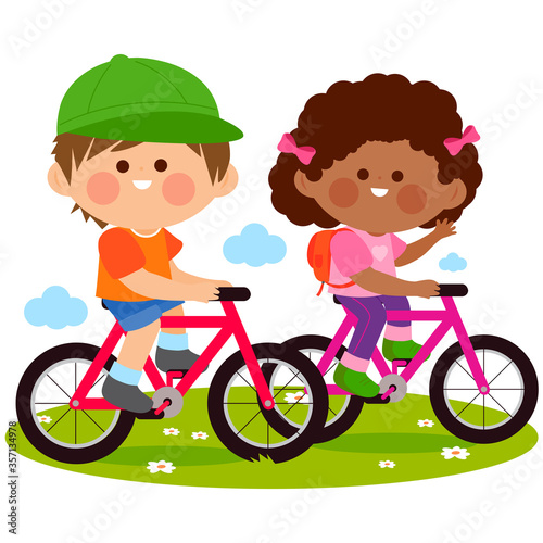 Children riding their bicycles. Vector illustration