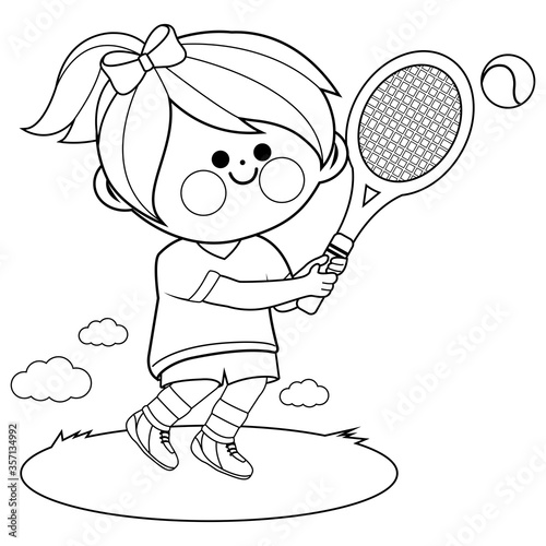 Girl playing tennis. Vector black and white coloring page