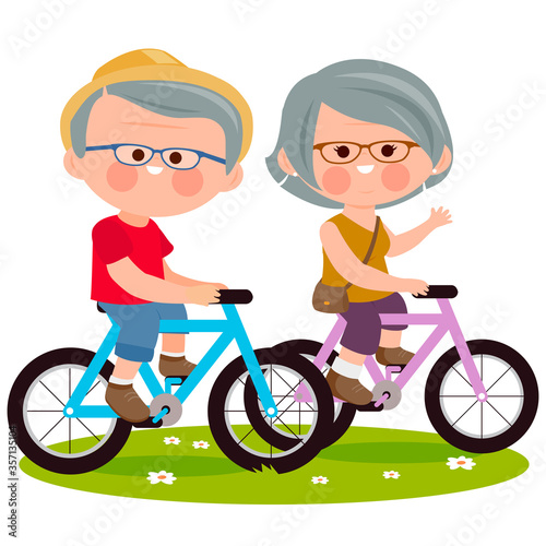 Elderly people riding their bicycles at the park. Vector illustration