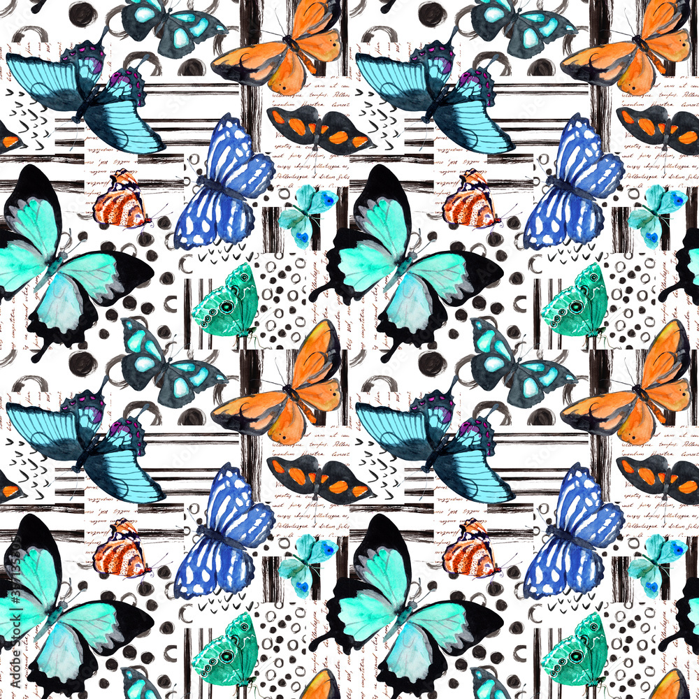 © zzorik - Butterflies and black ink lines watercolor hand drawn repeated pattern. Summer insects with handwriting, paint scribbles decorative notes. Moths wallpaper