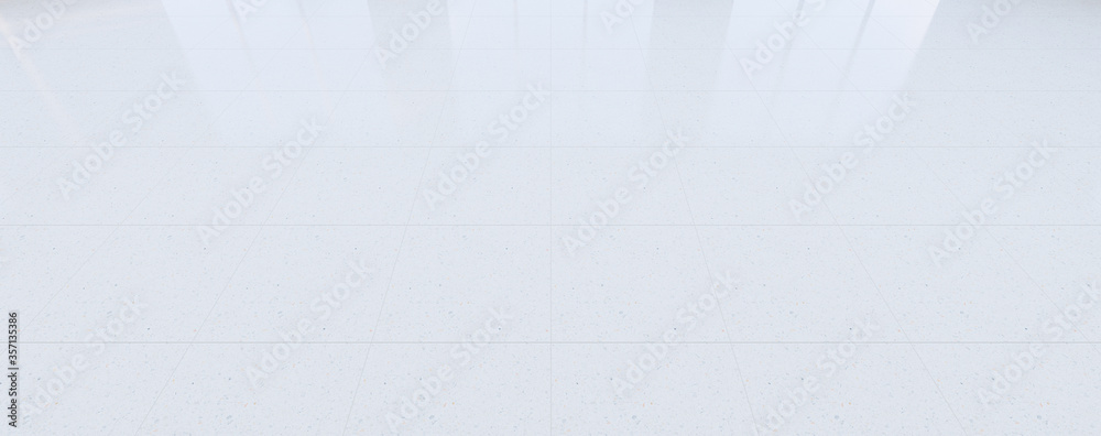 3d rendering of terrazzo floor with gray grid line and shiny reflection with clear glass door in perspective view, clean and new condition use to background.