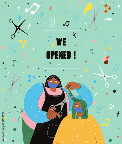 Barber shop during the pandemic. Poster about lifting quarantine and opening beauty salons. Bright vector flat illustration in cartoon style with a hairdresser for a woman who cuts a client.
