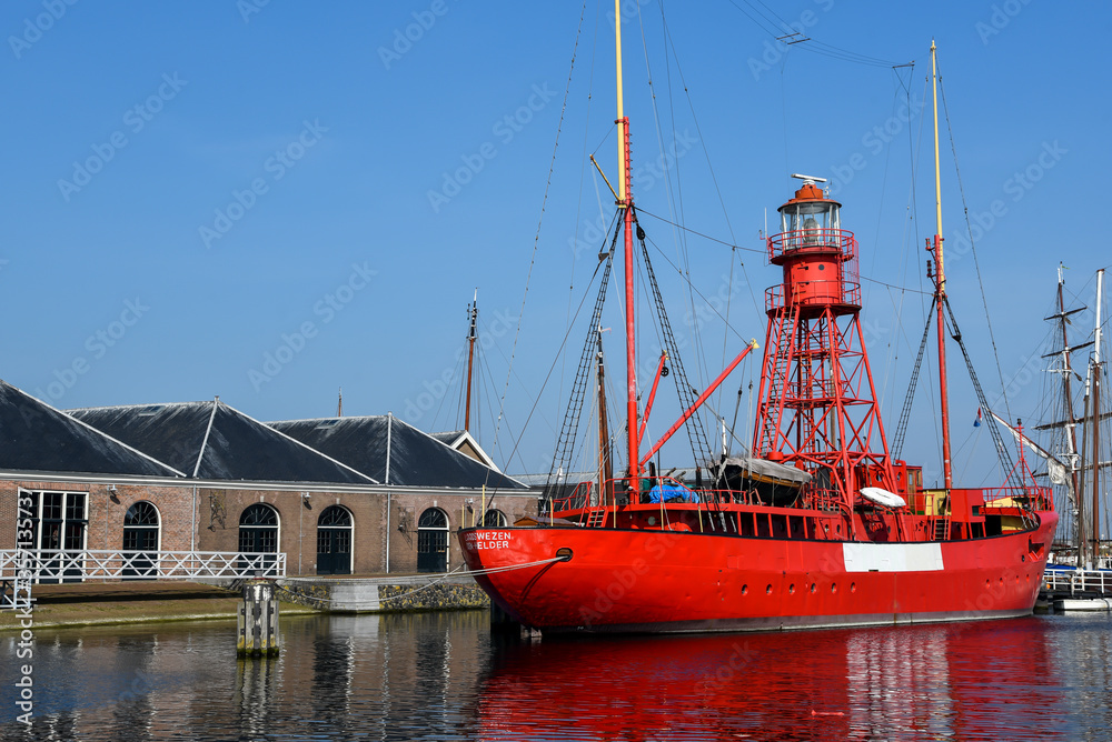 Willemsoord, Den Helder, Netherlands - April 2020. Lightship Texel at the former shipyard 'Willemsoord' in the port of Den Helder.