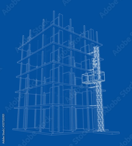 Building under construction with mast lifts
