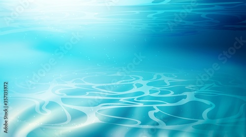Tropical blue ocean. Sand underwater background. Tranquil surface realistic sea water wave. Summer marine deep aqua with ripples, sun rays falling to bottom. Light in seabed. Vector stock illustration