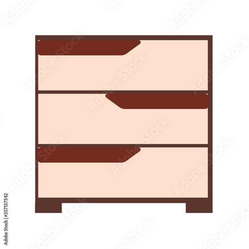 Single modern nightstand with three drawers isolated on a white background. Flat-style illustration. Vector hand drawn vintage furniture.