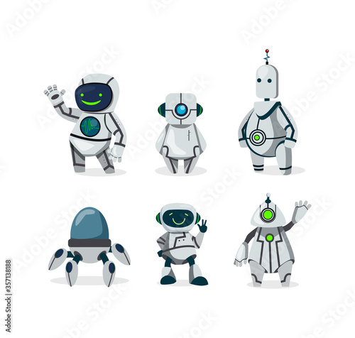Cute robots flat icon set. Cartoon futuristic cyborg characters isolated vector illustration collection. Future and communication concept