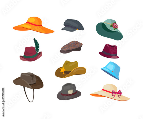 Man and woman hats flat icon set. Cartoon vintage headwear, caps and panamas isolated vector illustration collection. Fashion and wearing concept