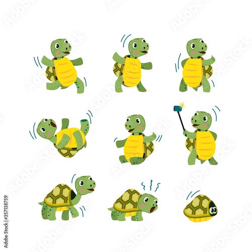 Cute little turtle flat icon set. Cartoon smiling animal character dancing  walking and having fun isolated vector illustration collection. Mascot and tortoise concept