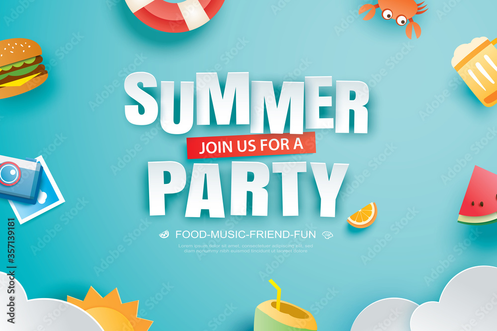 Summer party invitation banner with decoration origami template. Paper art and craft style.