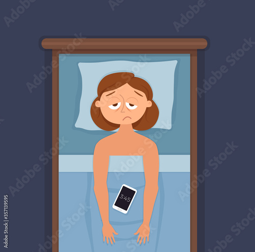 Sleepless woman face cartoon character suffers from insomnia