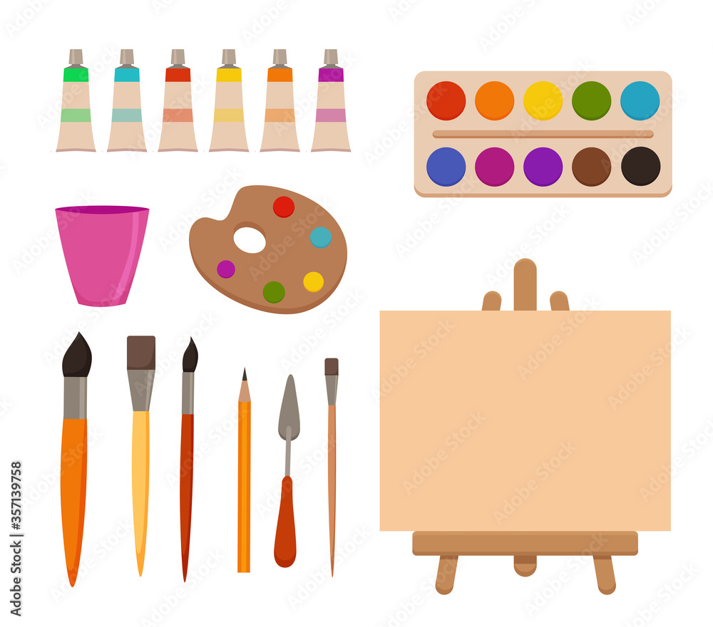 Painting tools elements cartoon colorful vector set.