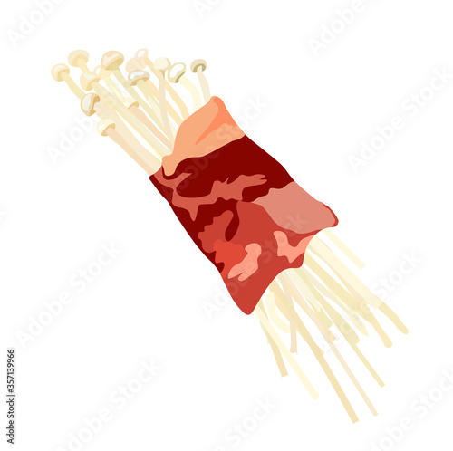Vector stock illustration of natural raw white mushrooms Enoki with hats on legs. For cooking tempura, chikuwa, tempura udon noodles. Asian cuisine, Korean Chinese Japanese  Golden needle mushroom