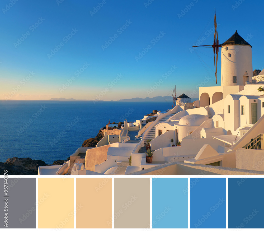 Color matching palette from image of raditional whitewashed windmills and architecture in Oia village, Santorini island, Greece on a bright yellow golden sunset with blue sky.