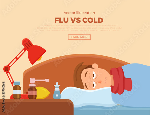 Sick guy in bed with the symptoms of cold, flu