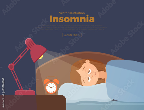 Sleepless woman face cartoon character suffers from insomnia problem