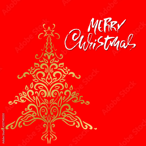 Hand drawn phrase Merry Christmas on red background. Modern dry brush lettering design with golden spruce ornament. Vector typography illustration.