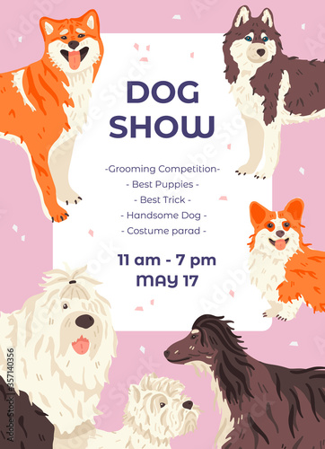 Dog show promo poster template with different dogs breeds. Cute purebred pets or domestic animals. Vector flat illustration with place for your text