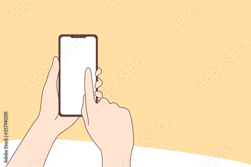 Shopping, technology, online, quarantine, business concept. Human hands holding smartphone and pointing to touchscreen and pressing the buy button. Online customer service on coronavirus lockdown.